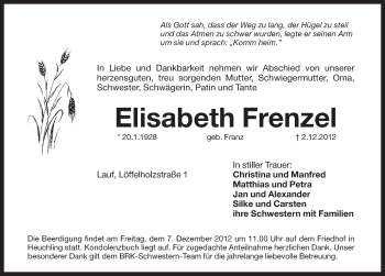 Traueranzeige von Elisabeth Frenzel von Pegnitz-Zeitung